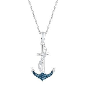 Diamond and Blue Diamond Anchor Pendant 1/15ctw SSL